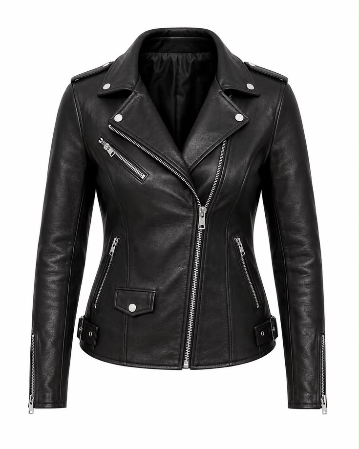 A black faux-leather biker jacket with silver-tone hardware, featuring an asymmetrical zipper, zippered pockets, and shoulder epaulets, shown against a plain white background.