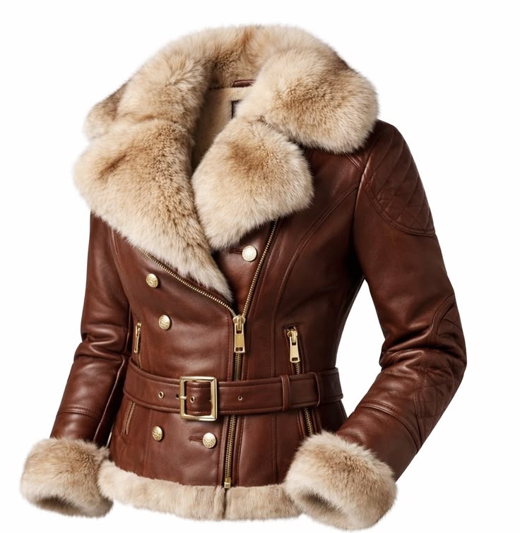 A brown leather aviator-style jacket with a large beige fur collar, matching fur-trimmed cuffs, and a fur-trimmed hem, featuring gold-tone hardware and a belted waist.