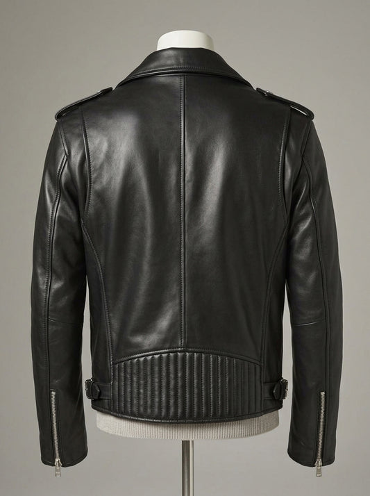 A black leather motorcycle jacket displayed on a white mannequin torso, layered over a light beige knit sweater and dark trousers, against a neutral gray background.
