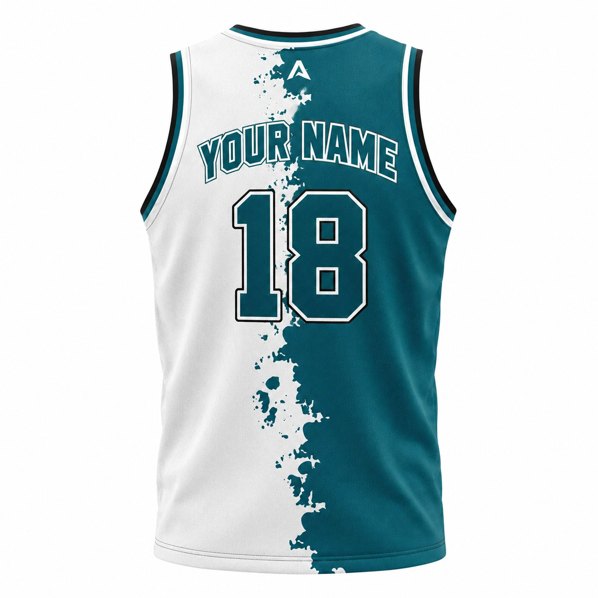 A custom basketball jersey template featuring a dynamic, vertical splash or splatter design down the center that divides the garment into two main colors. The left side is primarily white with teal splatters, while the right side is a solid deep teal with white splatters. The numbers "18" are printed on the upper left chest, a placeholder reading "YOUR TEAM / TEAM LOGO HERE" sits on the right chest, and "Your Team" is written across the center in a cursive script font. The V-neck and armholes are trimmed wi