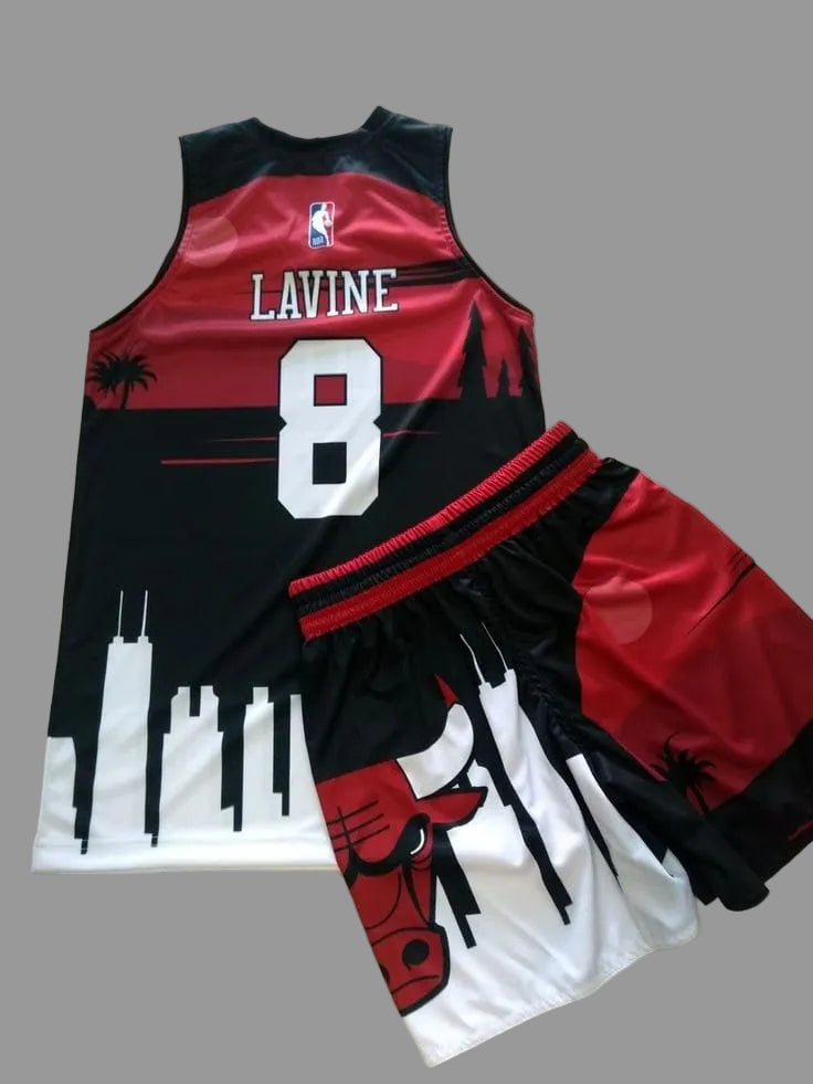 A Chicago Bulls basketball uniform set featuring a red, black, and white Lavine #8 jersey and matching shorts, laid flat on a beige tiled floor.