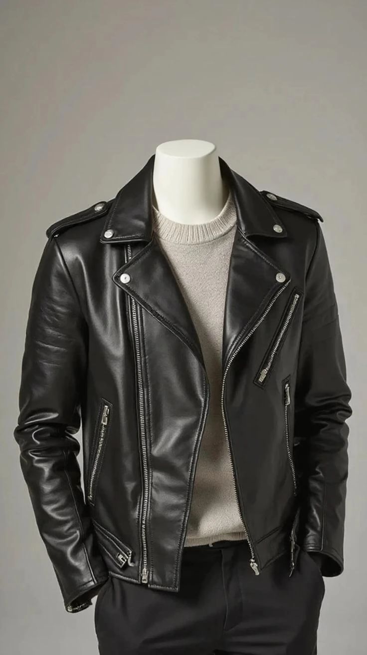 A black leather motorcycle jacket displayed on a white mannequin torso, layered over a light beige knit sweater and dark trousers, against a neutral gray background.