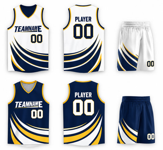 Customizable basketball jersey and shorts set shown in front, back, and side views. The jerseys are white with navy blue and yellow curved wave patterns, featuring 'TEAMNAME', 'PLAYER', and '00' text.