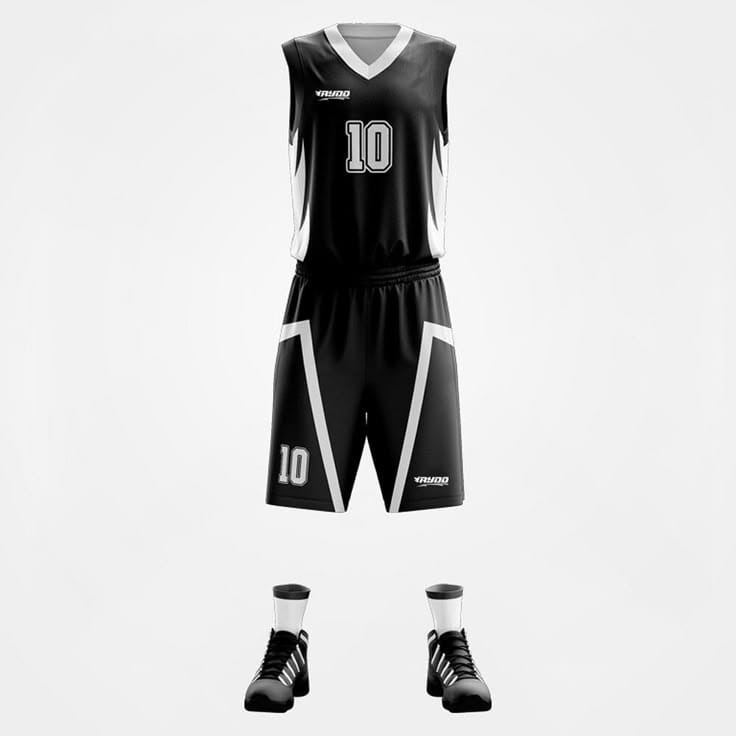 A black basketball uniform set with white accents, featuring a sleeveless jersey and matching shorts with the number 10, shown with black athletic socks and sneakers on a light gray background.