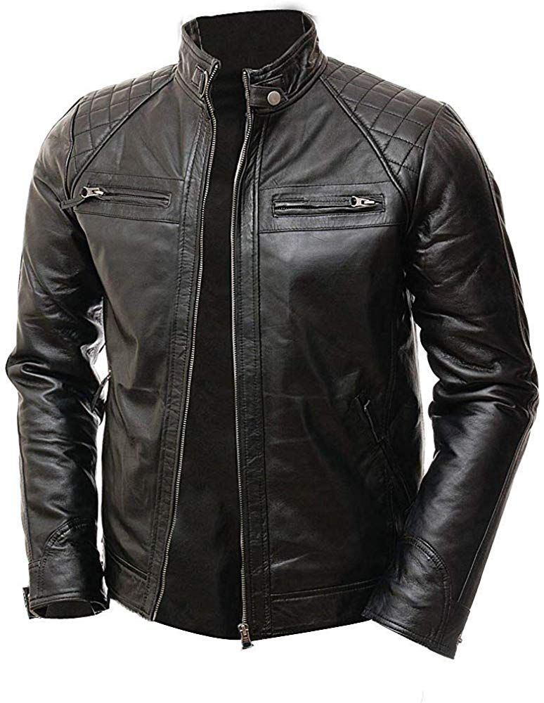Black leather motorcycle jacket with a quilted shoulder pattern, zippered chest pockets, and a stand collar, shown on a white background.