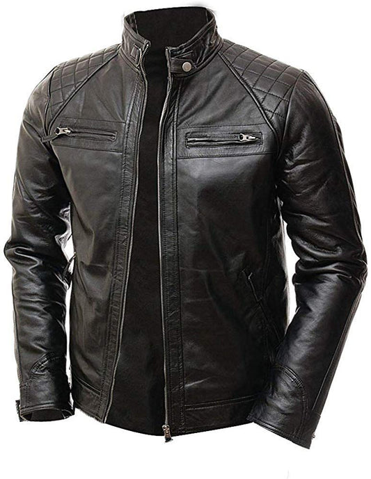 Black leather motorcycle jacket with a quilted shoulder pattern, zippered chest pockets, and a stand collar, shown on a white background.