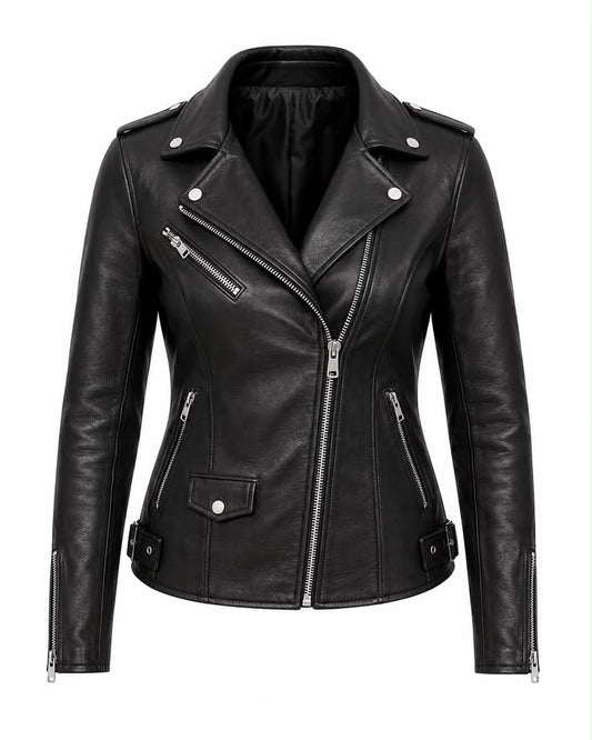 A black faux-leather biker jacket with silver-tone hardware, featuring an asymmetrical zipper, zippered pockets, and shoulder epaulets, shown against a plain white background.