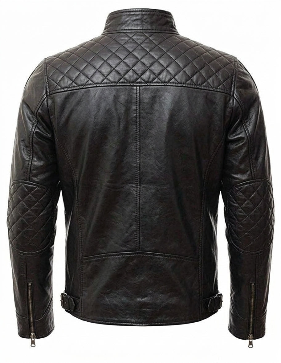 Black leather jacket with diamond-quilted panels on the upper back and sleeves, shown from the rear on a white background.