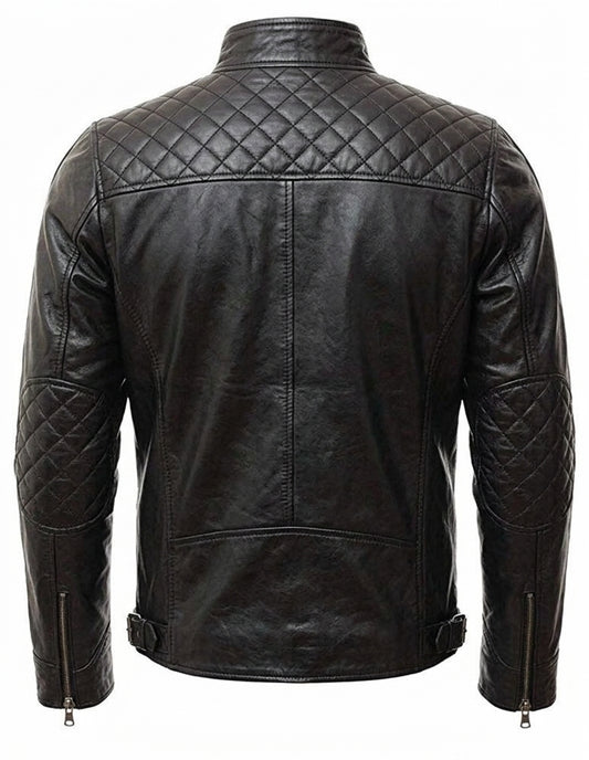 Black leather jacket with diamond-quilted panels on the upper back and sleeves, shown from the rear on a white background.
