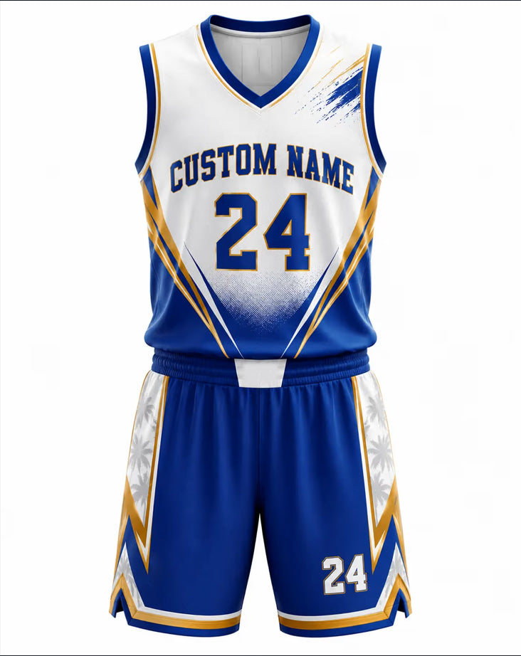 A custom basketball uniform set consisting of a white, blue, and gold jersey and matching shorts with 'CUSTOM NAME' and the number '24' printed on them, shown against a plain white background.