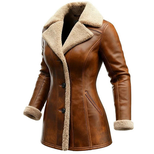 Brown leather coat with beige fur lining on a white background