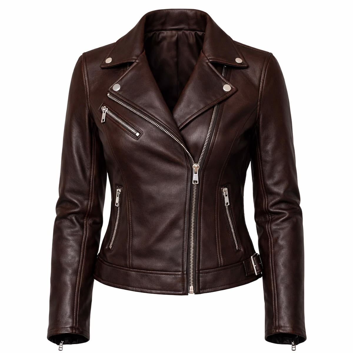 A dark brown faux leather motorcycle jacket with an asymmetrical zipper, silver-tone snap buttons, and zippered side pockets, shown on a plain white background.