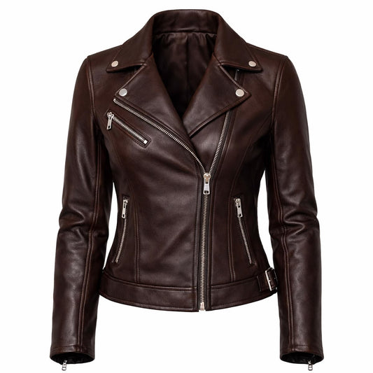 A dark brown faux leather motorcycle jacket with an asymmetrical zipper, silver-tone snap buttons, and zippered side pockets, shown on a plain white background.