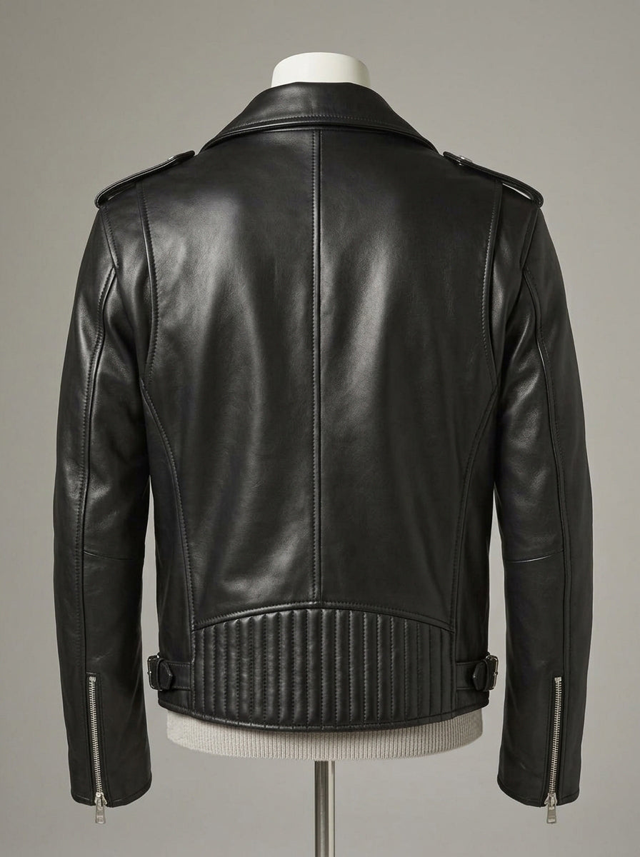 A black leather motorcycle jacket displayed on a white mannequin torso, layered over a light beige knit sweater and dark trousers, against a neutral gray background.