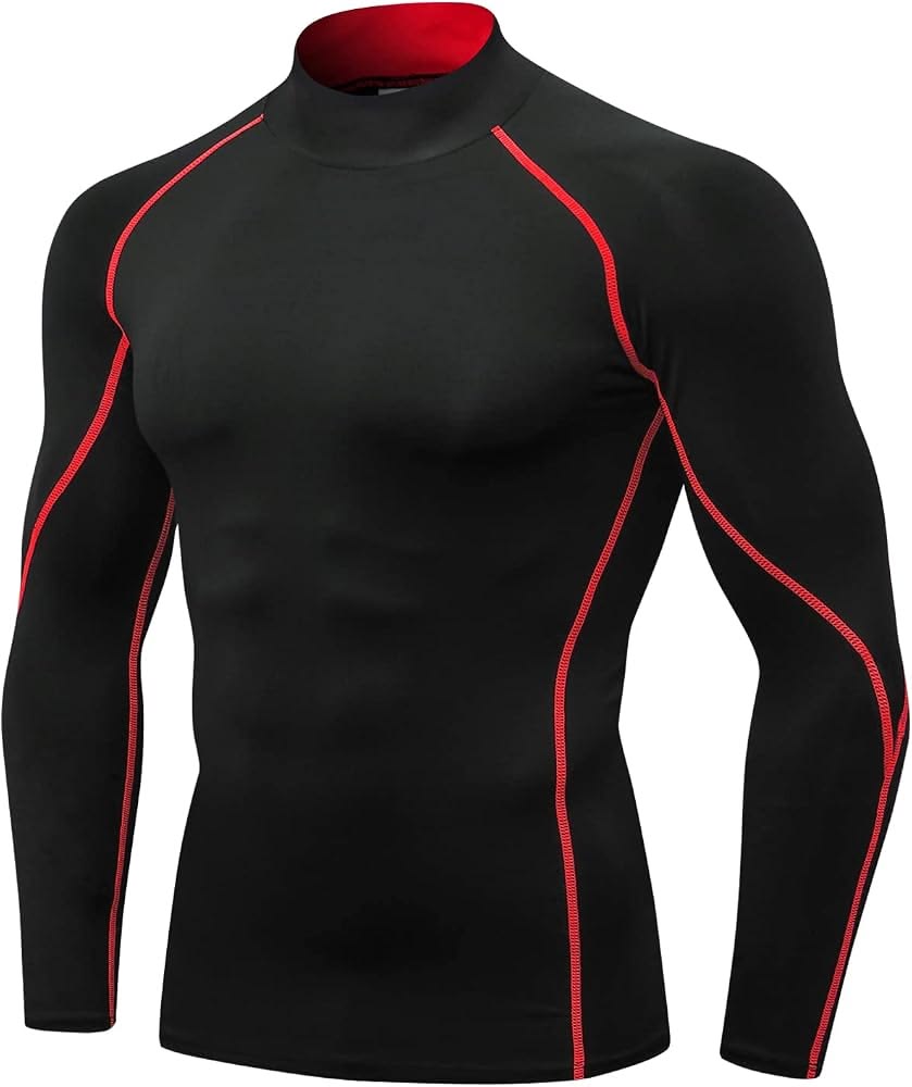 BLACK LONG-SLEEVE COMPRESSION SHIRT WITH A MOCK TURTLENECK AND RED CONTRAST STITCHING LONG THE RAGLAN SLEEVE AND SIDE SEAMS.