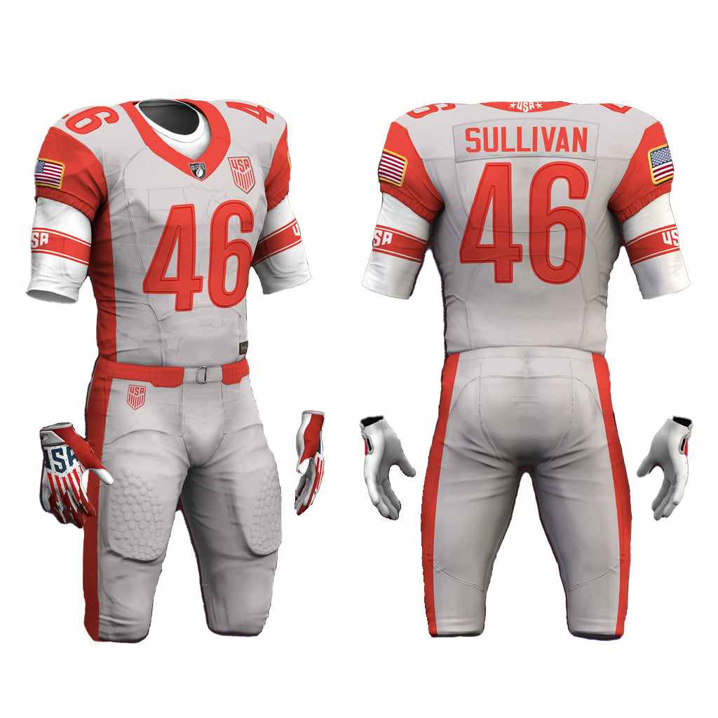The gear is completed by a pair of white, red, and blue football gloves shown floating next to the uniform.