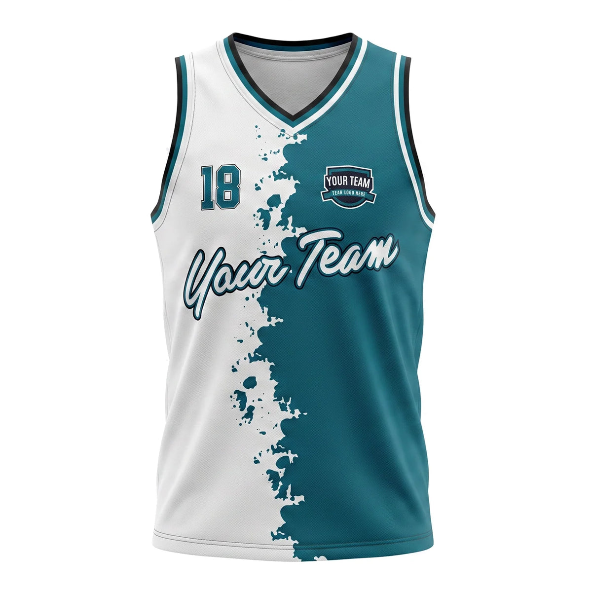 A custom basketball jersey template featuring a dynamic, vertical splash or splatter design down the center that divides the garment into two main colors. The left side is primarily white with teal splatters, while the right side is a solid deep teal with white splatters. The numbers "18" are printed on the upper left chest, a placeholder reading "YOUR TEAM / TEAM LOGO HERE" sits on the right chest, and "Your Team" is written across the center in a cursive script font. The V-neck and armholes are trimmed wi