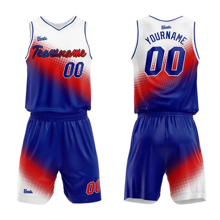 Customizable basketball uniform set showing front and back views. The set includes a white sleeveless jersey with blue and red gradient patterns, blue shorts, and customizable text fields such as 'Teamname', 'Yourname', and 'League'.
