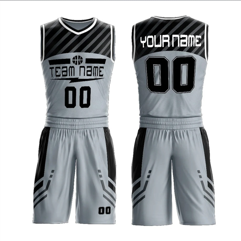 Front and back views of a customizable basketball uniform set in light gray and black, featuring sleeveless jerseys and matching shorts with placeholder text and numbers.