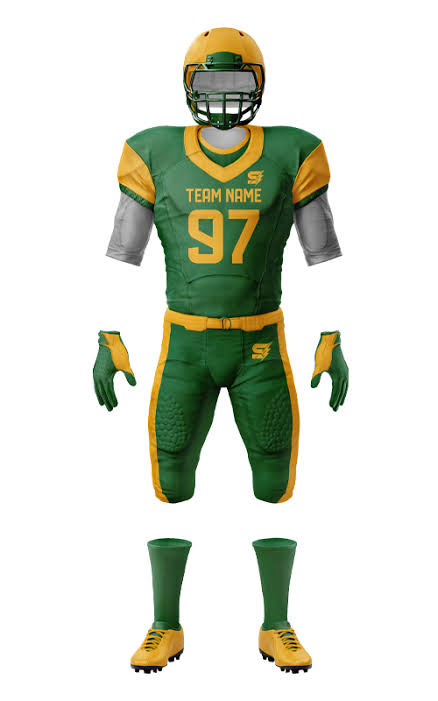 A full mockup of a green and gold American football uniform displayed against a white background. The set includes a gold helmet with a green face mask, a green jersey featuring gold shoulder accents and the number 97, matching green padded football pants with gold side stripes, green and gold gloves, green socks, and gold cleats.
