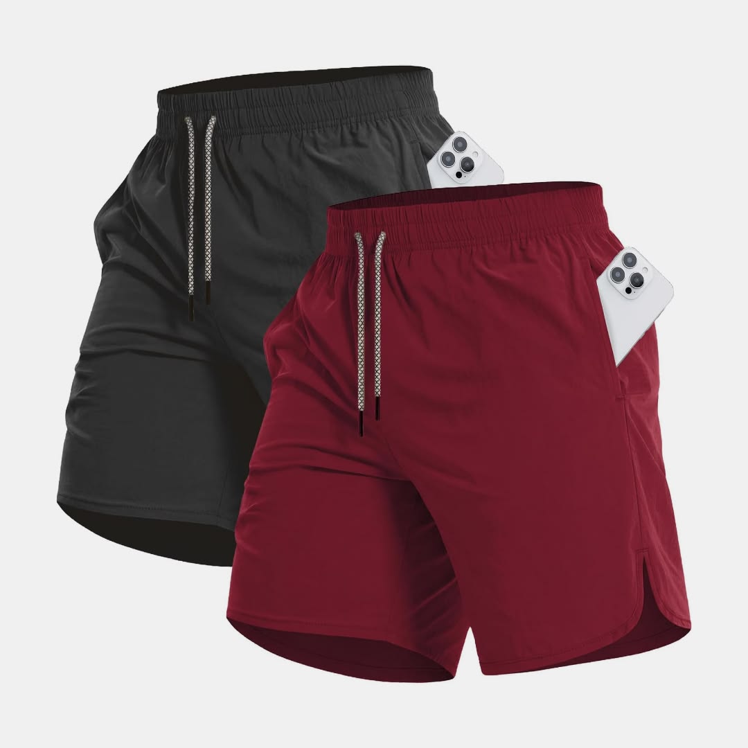 QUICK DRY ATHLETIC SHORTS FEATURE A COMFORTALBE ELASTIC DRAWSTRING WAIST AND PRACTICAL SIDE POCKETS DESIGNED TO HOLD YOUR PHONE WHILE YOU RUN AND TRAIN.