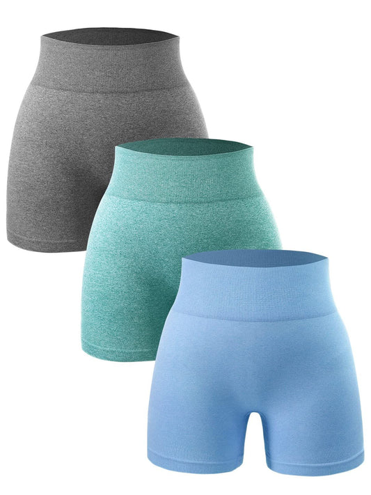 HIGH-WAIST, RIBBED SEAMLESS ATHLETIC SHORTS IN GREY, TEAL AND BLUE.