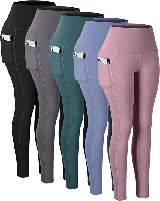 Five pairs of high-waisted leggings in black, gray, teal, periwinkle, and dusty pink, each shown with a silver smartphone tucked into the side pocket.