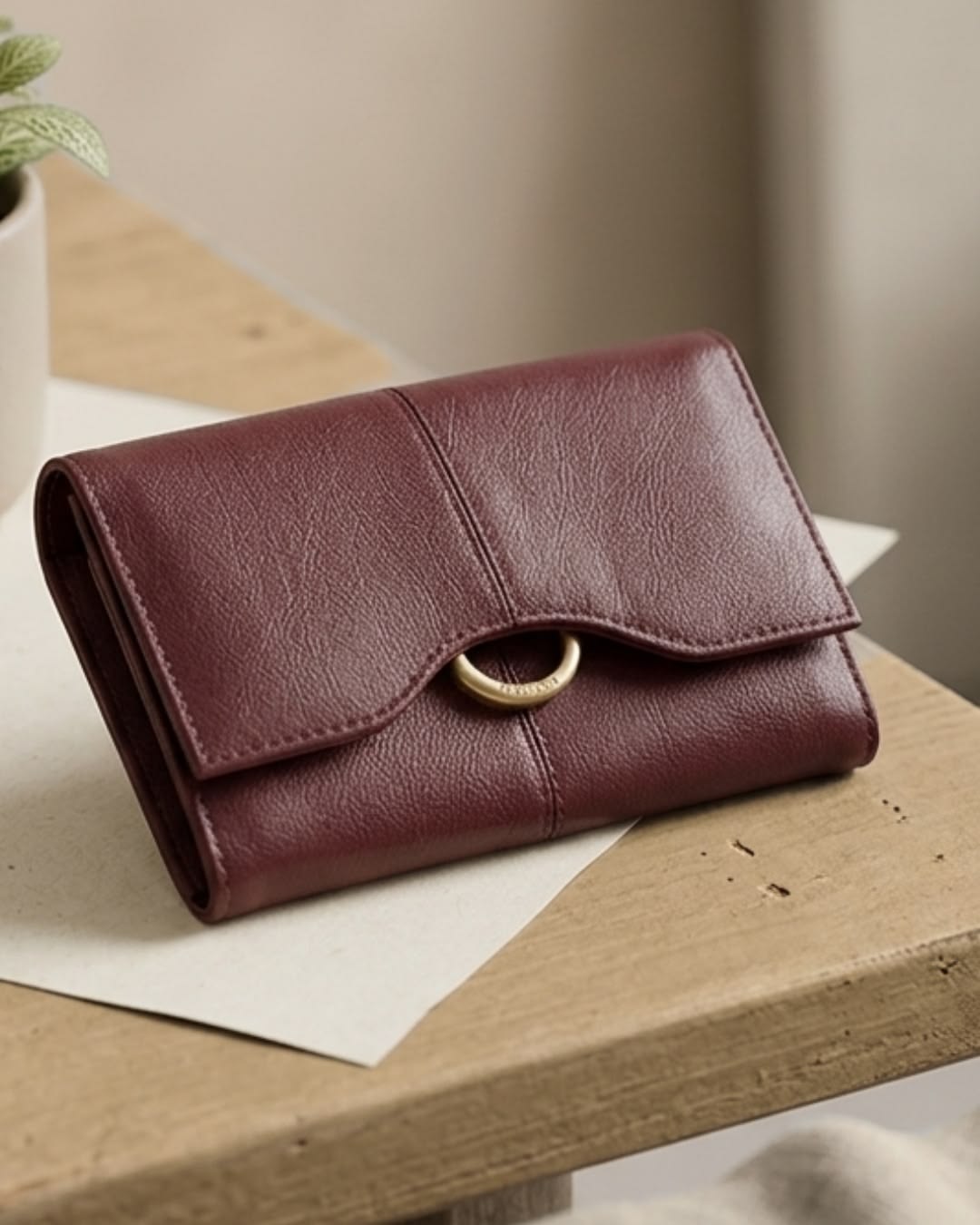 A burgundy leather wallet with a gold-tone ring clasp, resting on a light wooden table next to a white envelope.