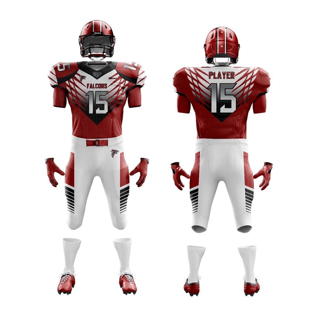 The uniform is paired with white football pants that have matching red-and-black gradient stripes on the thighs, along with red gloves, white socks, and red cleats.
