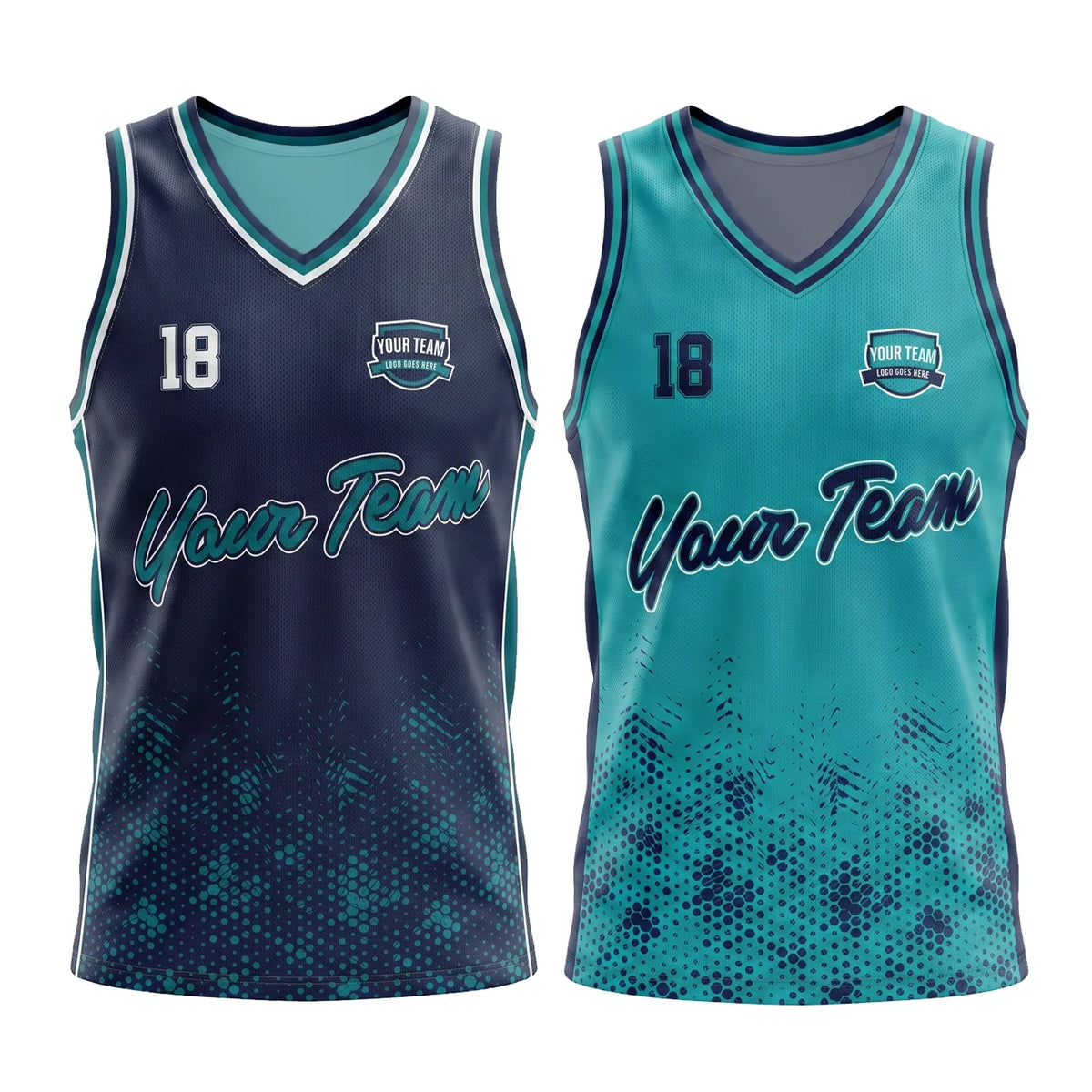 Two customizable basketball jerseys shown side by side on a plain white background. The left jersey is dark navy blue with teal and white accents, and the right jersey is teal with a dark blue gradient pattern at the bottom.