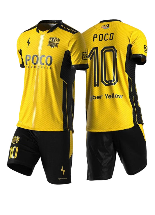 Yellow and black sports jersey with 'Poco' branding on a gray background