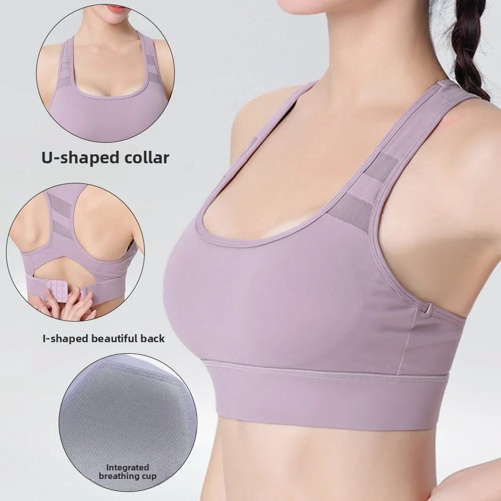 Purple sports bra with U-shaped collar and I-shaped back design, on a plain background.
