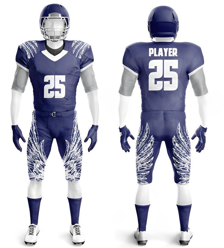Blue and white football uniform with wing design on a white background