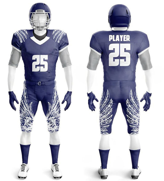 Blue and white football uniform with wing design on a white background
