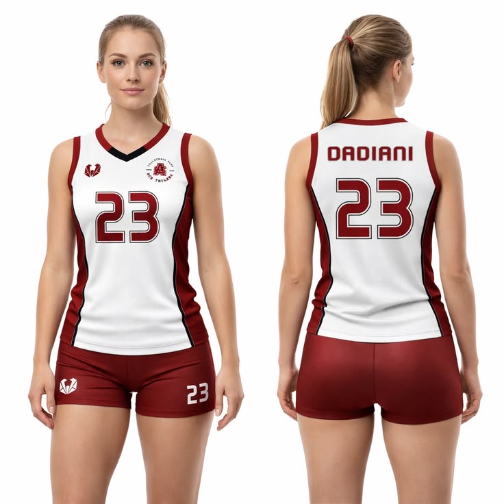Front and back views of a women's athletic jersey and matching shorts set. The jersey is white with dark red side panels and number 23, with the name DADIANI on the back.